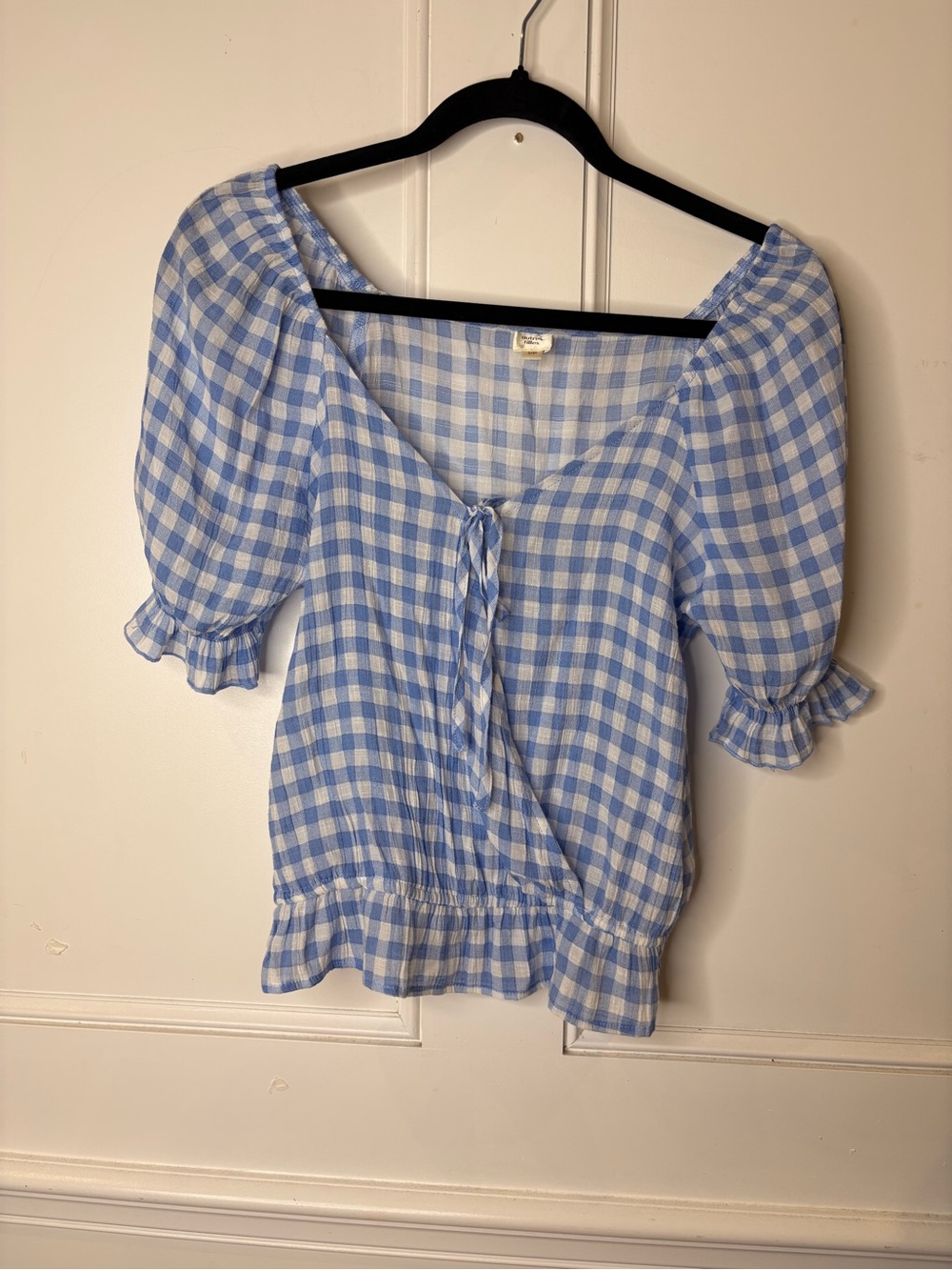 Autres Filles blue and white Gingham Puff-Sleeve Peasant Top